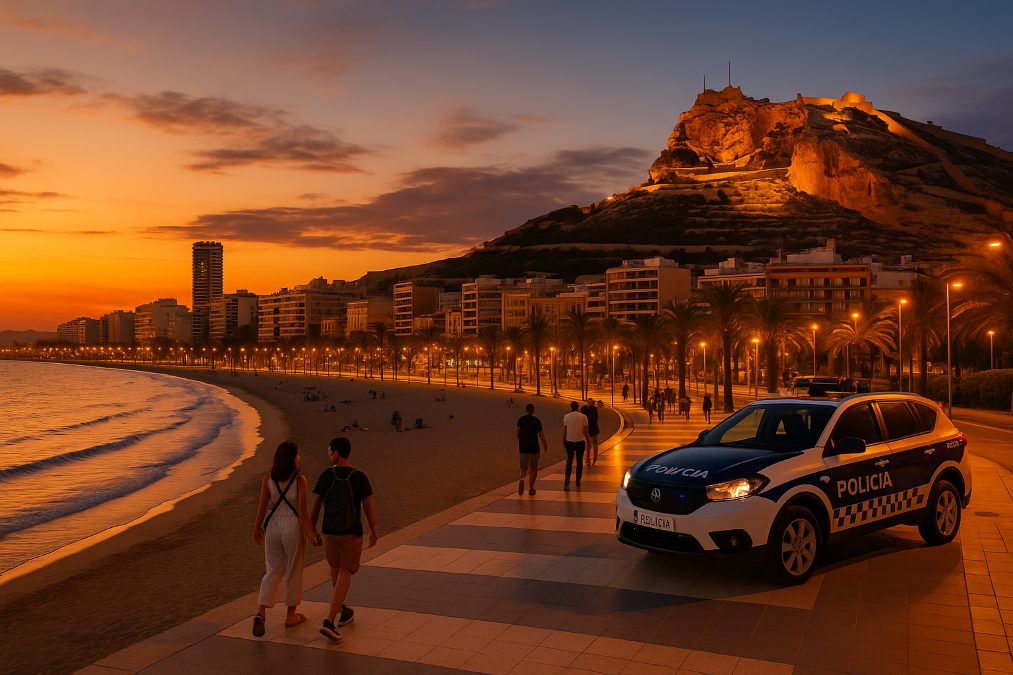 Alicante ville dangereuse vue sur la plage du Postiguet avec présence policière au coucher du soleil